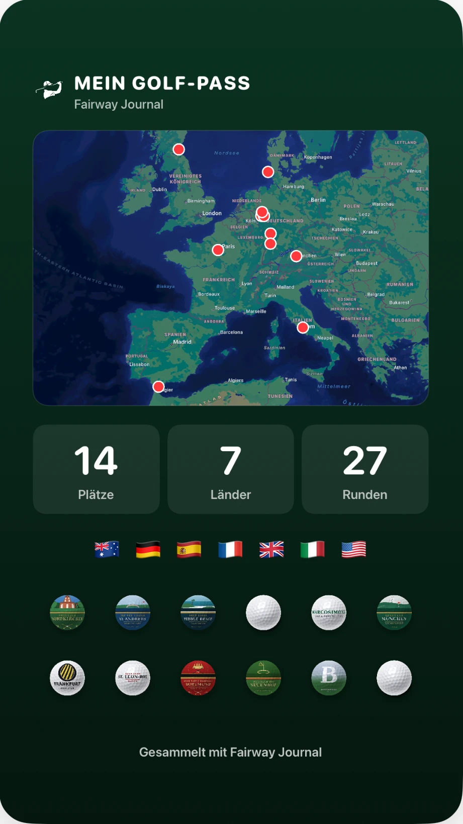 Golf-Pass mit Europakarte, 14 Plätzen, 7 Ländern und 27 Runden