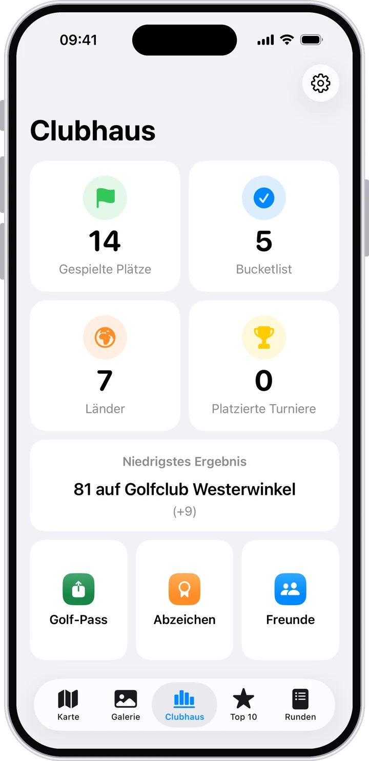 Clubhaus mit 14 gespielten Plätzen in 7 Ländern