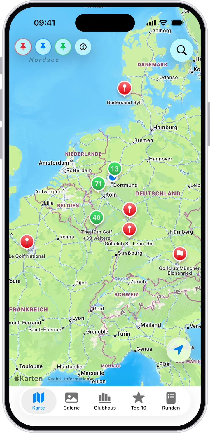 Karte mit roten Nadeln für gespielte Plätze in ganz Europa