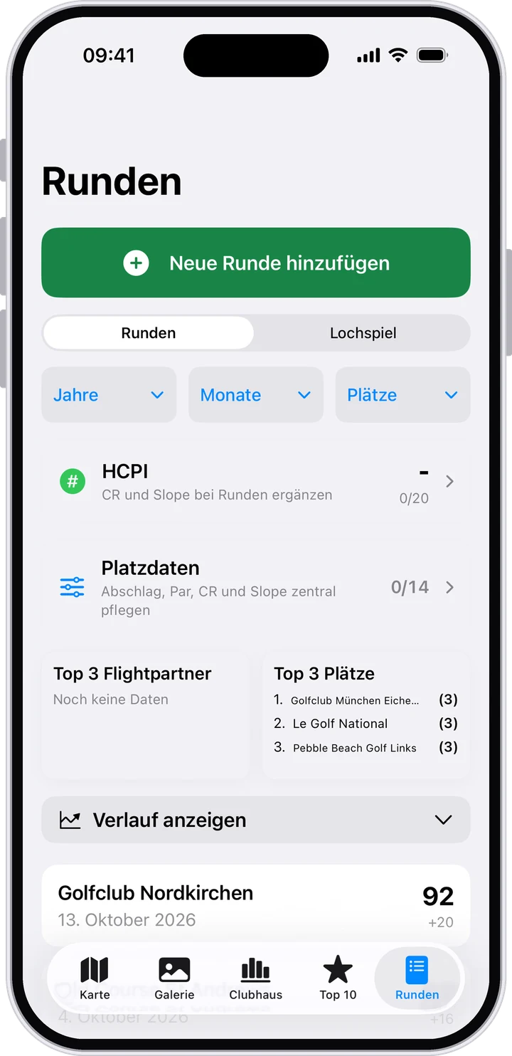 Runden mit HCPI, Platzdaten und Top 3 Plätzen